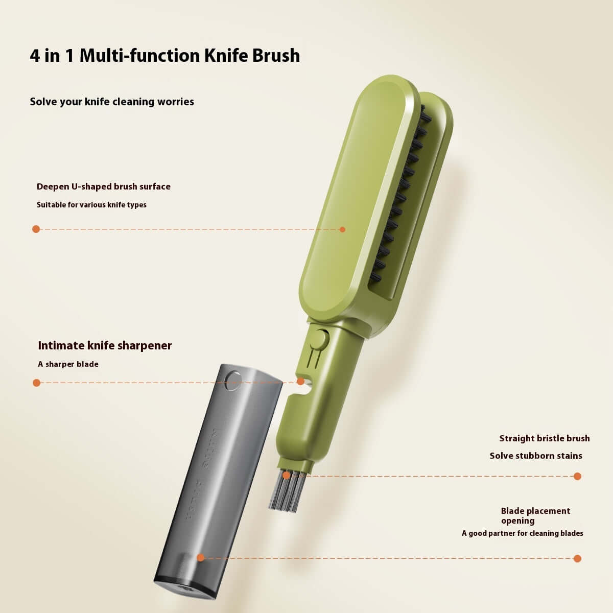 Green Multifunctional Hand Guard Cutter with brush and knife sharpener features, designed for effective cleaning and sharpening tasks.