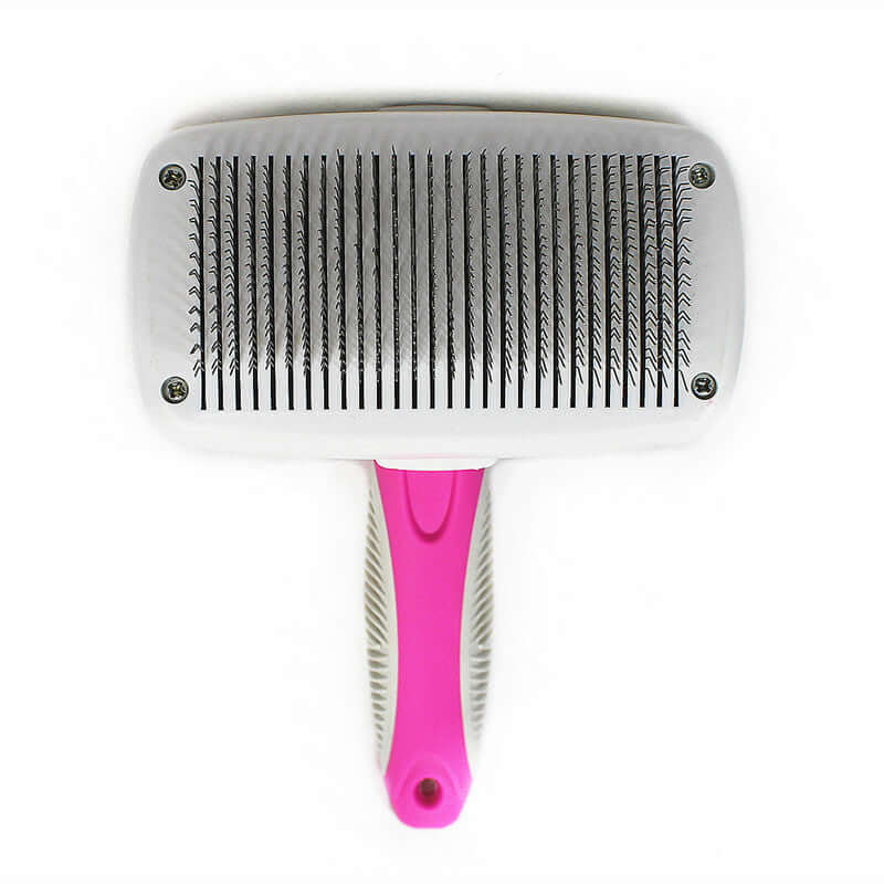 Cool Di automatic hair removal wire comb with pink handle, ideal for grooming Teddy, Bichon, and Golden Retriever dogs.