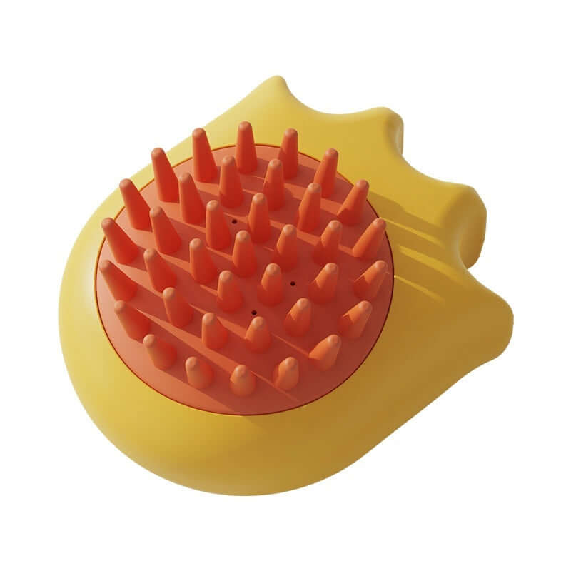 Yellow cat paw pet bath brush for dogs, ABS material massage comb for grooming, size 9x7.7x5.1cm.