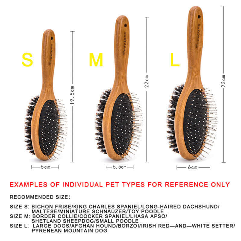 Three dog cleaning brushes in small, medium, and large sizes with recommended breeds listed below each brush size.