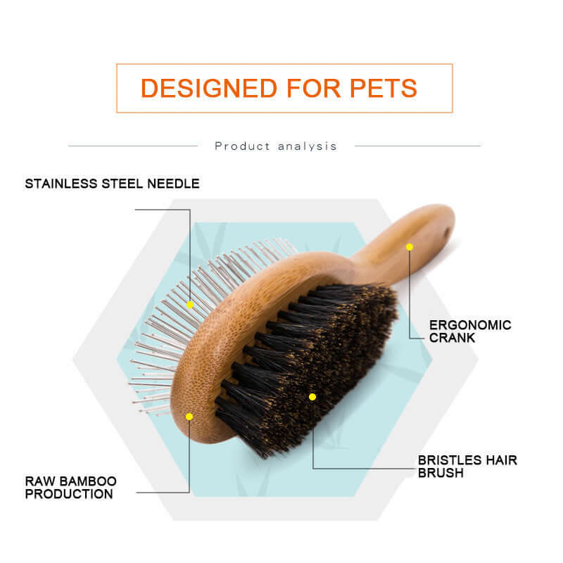 Double-sided dog cleaning brush with ergonomic handle, featuring stainless steel needles and bristles for effective grooming.