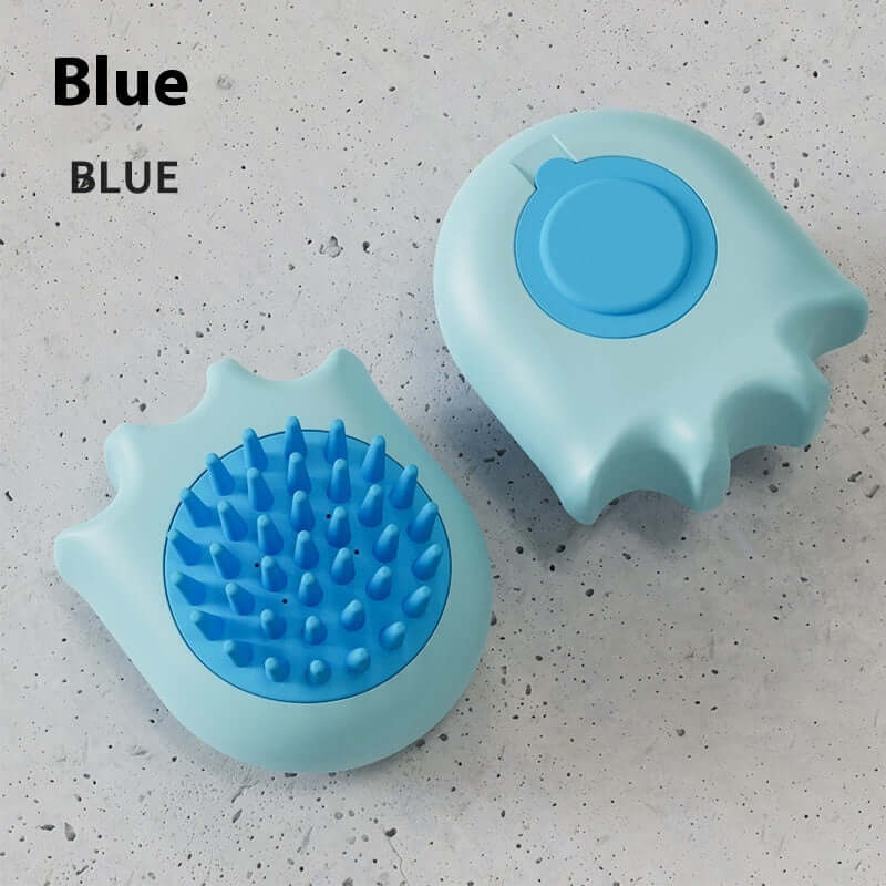 Blue cat paw pet bath brush for dog massage, ABS material, ergonomic design for gentle grooming and bath combing.