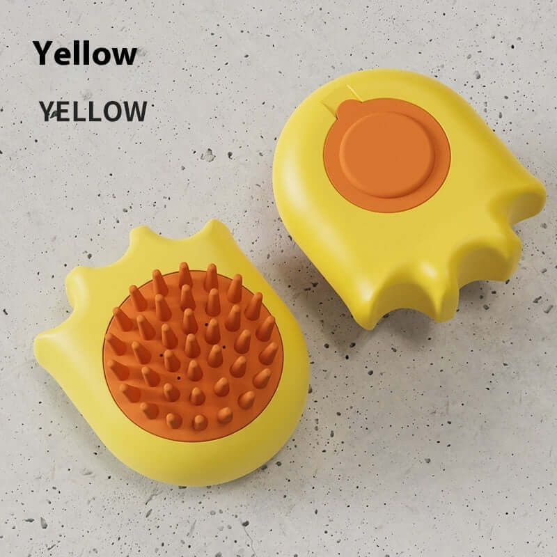 Yellow cat's paw pet bath brush for dog massage, ABS material, ergonomic design.