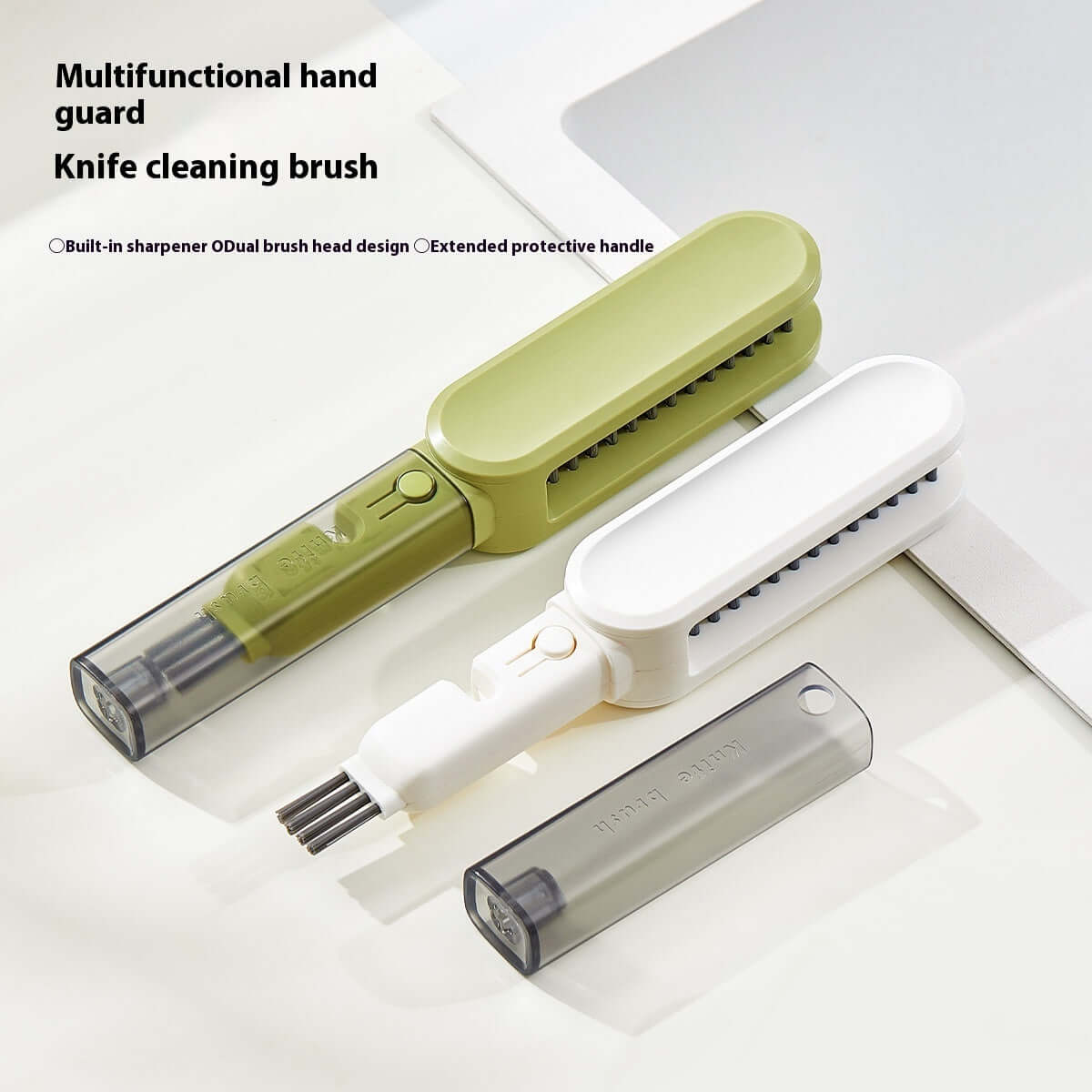 Green and white Multifunctional Hand Guard Cutter and cleaning brush with built-in sharpener on a counter.