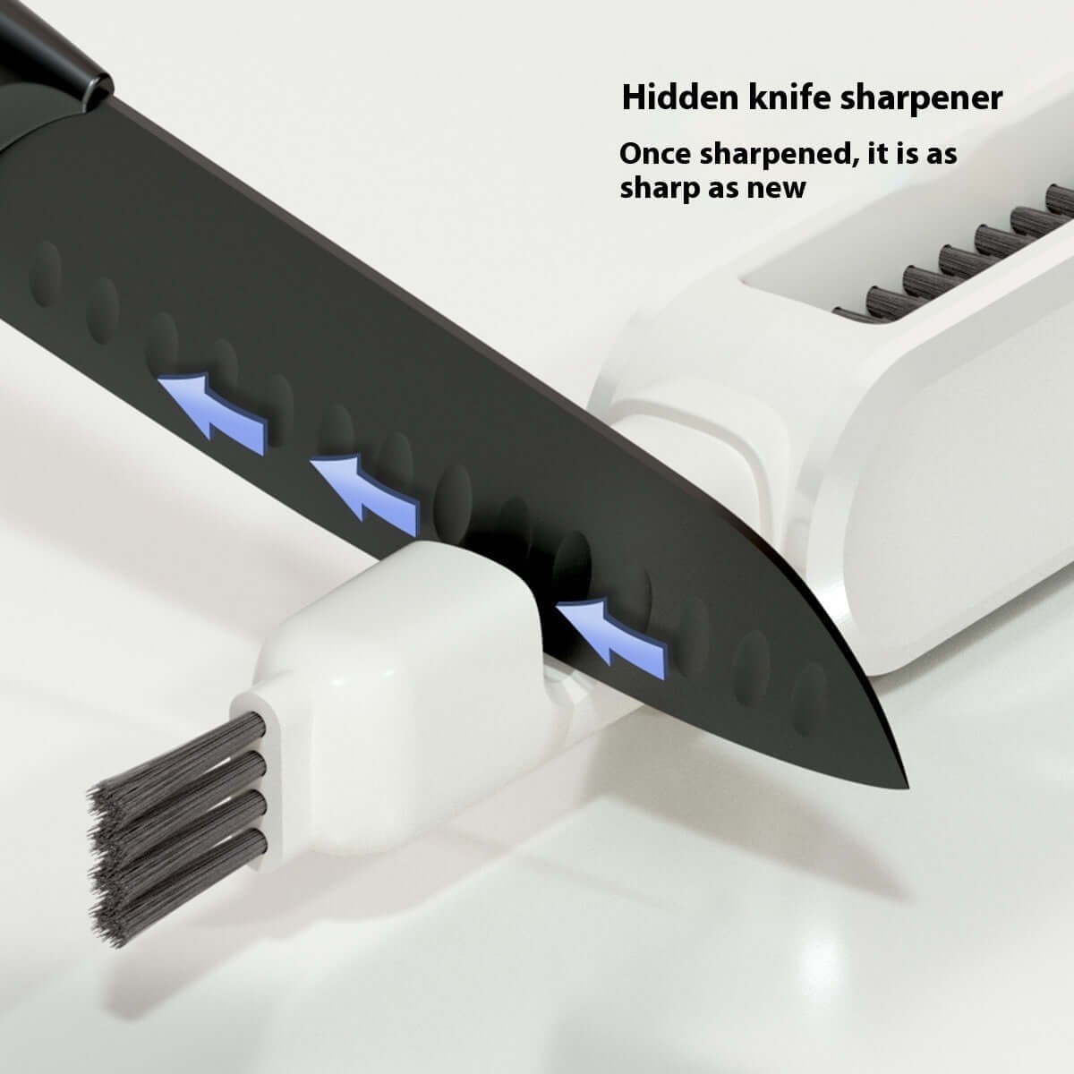 Multifunctional Hand Guard Cutter with hidden knife sharpener and cleaning brush in use, showcasing sharpening process.